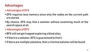 Advantages
Advantages of DFS
 DFS requires less memory since only the nodes on the current path
are stored.
 By chance, DFS may find a solution without examining much of the
search space at all.
Advantages of BFS
 BFS will not get trapped exploring a blind alley.
 If there is a solution, BFS is guaranteed to find it.
 If there are multiple solutions, then a minimal solution will be found.
24
 
