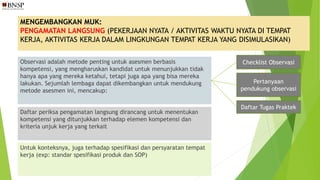 MENGEMBANGKAN MUK:
PENGAMATAN LANGSUNG (PEKERJAAN NYATA / AKTIVITAS WAKTU NYATA DI TEMPAT
KERJA, AKTIVITAS KERJA DALAM LINGKUNGAN TEMPAT KERJA YANG DISIMULASIKAN)
Observasi adalah metode penting untuk asesmen berbasis
kompetensi, yang mengharuskan kandidat untuk menunjukkan tidak
hanya apa yang mereka ketahui, tetapi juga apa yang bisa mereka
lakukan. Sejumlah lembaga dapat dikembangkan untuk mendukung
metode asesmen ini, mencakup:
Daftar periksa pengamatan langsung dirancang untuk menentukan
kompetensi yang ditunjukkan terhadap elemen kompetensi dan
kriteria unjuk kerja yang terkait
Untuk konteksnya, juga terhadap spesifikasi dan persyaratan tempat
kerja (exp: standar spesifikasi produk dan SOP)
Checklist Observasi
Pertanyaan
pendukung observasi
Daftar Tugas Praktek
 