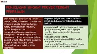 PENJELASAN SINGKAT PROYEK TERKAIT
PEKERJAAN
Saat mengases proyek yang terkait
dengan pekerjaan seperti mendesain
produk, menulis dokumen tempat
kerja, menyelesaikan masalah,
melakukan presentasi,
mengembangkan proposal untuk
manajemen, Anda mungkin merasa
berguna untuk merancang penjelasan
singkat proyek atau lembar instruksi.
Proyek dapat dirancang untuk
diselesaikan oleh individu atau
kelompok.
Ringkasan proyek atau lembar instruksi
proyek Anda harus menjabarkan sebagai
berikut:
• tujuan proyek - elemen kompetensi mana
yang harus ditunjukkan melalui proyek
• sumber daya yang mungkin digunakan
kandidat
• harapan kinerja tertentu
• siapa yang akan mengamati kinerja atau
mengases produk
• instruksi untuk kandidat, termasuk jangka
waktu dan informasi terkait lainnya.
 