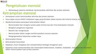 Pengetahuan esensial
 Kemampuan peserta membuat merencanakan aktivitas dan proses asesmen
Ketrampilan esensial
 kemampuan untuk merencanakan aktivitas dan proses asesmen.
 harus dapat secara efektif melakukan tugas yang diuraikan dalam elemen dan kriteria kinerja unit ini
 Mendemonstrasikan penerapan keterampilan dalam:
 Merencanakan dan mengatur proses pada minimal dua dari lima kesempatan terpisah.
 Mengikuti pengaturan organisasi
 Meneliti dan mengevaluasi
 Merencanakan dalam rangka memformulasikan rencana asesmen
 Mengorgansasikan kebutuhan sumber daya.
 Keterampilan literasi
 Keterampilan komunikasi
 Kepekaan untuk mengakses dan memperhatikan berbagai keragaman asesi
 Kapasitas untuk mempromosikan dan menerapkan kebersamaan, keadilan, keabsahan, keandalan dan keluwesan
dalam merencanakan suatu proses asesmen.
 