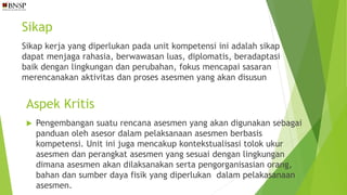 Sikap
Sikap kerja yang diperlukan pada unit kompetensi ini adalah sikap
dapat menjaga rahasia, berwawasan luas, diplomatis, beradaptasi
baik dengan lingkungan dan perubahan, fokus mencapai sasaran
merencanakan aktivitas dan proses asesmen yang akan disusun
Aspek Kritis
 Pengembangan suatu rencana asesmen yang akan digunakan sebagai
panduan oleh asesor dalam pelaksanaan asesmen berbasis
kompetensi. Unit ini juga mencakup kontekstualisasi tolok ukur
asesmen dan perangkat asesmen yang sesuai dengan lingkungan
dimana asesmen akan dilaksanakan serta pengorganisasian orang,
bahan dan sumber daya fisik yang diperlukan dalam pelakasanaan
asesmen.
 