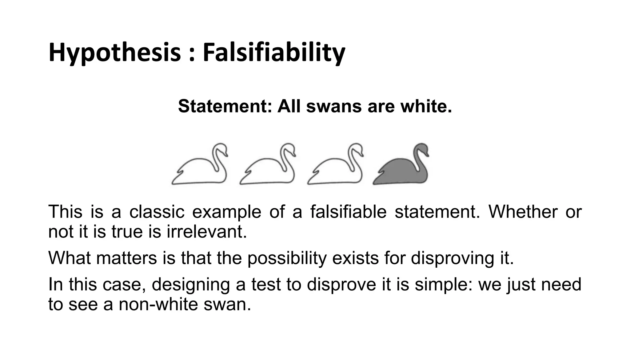 Hypothesis : Falsifiability
Statement: All swans are white.
This is a classic example of a falsifiable statement. Whether or
not it is true is irrelevant.
What matters is that the possibility exists for disproving it.
In this case, designing a test to disprove it is simple: we just need
to see a non-white swan.
 