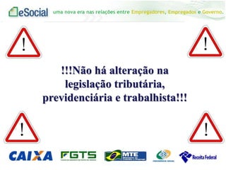 uma nova era nas relações entre Empregadores, Empregados e Governo.
!!!Não há alteração na
legislação tributária,
previdenciária e trabalhista!!!
 