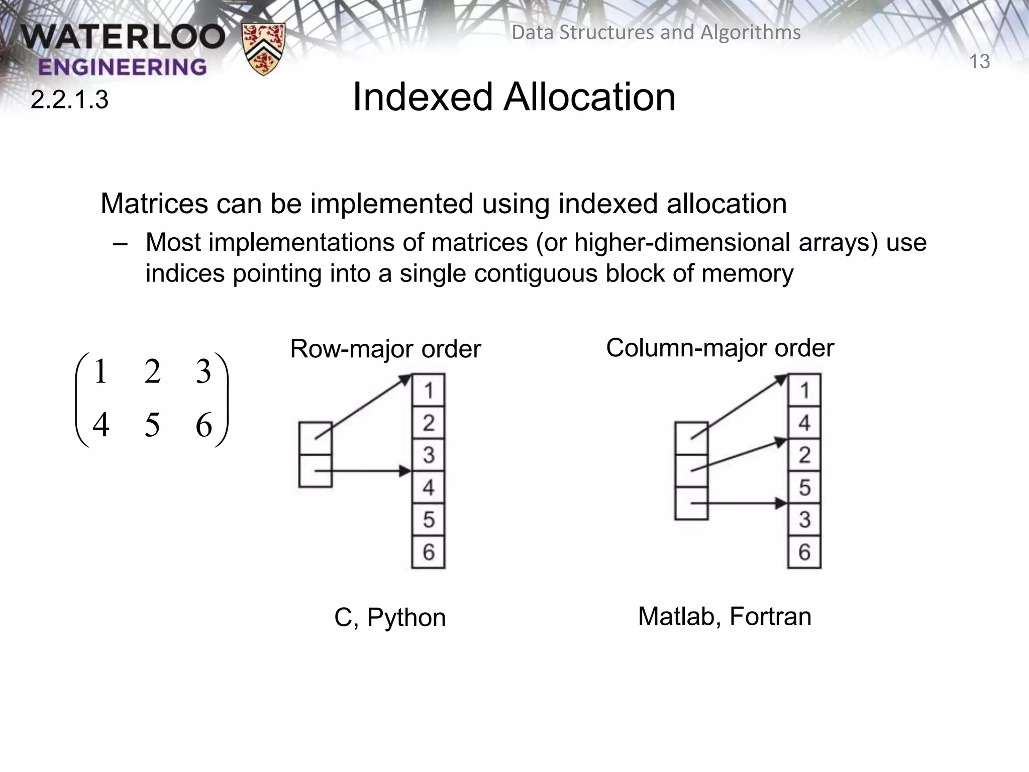 13
Data Structures and Algorithms
Indexed Allocation
Matrices can be implemented using indexed allocation
– Most implementations of matrices (or higher-dimensional arrays) use
indices pointing into a single contiguous block of memory
2.2.1.3
Row-major order Column-major order
C, Python Matlab, Fortran
1 2 3
4 5 6
 
 
 
 