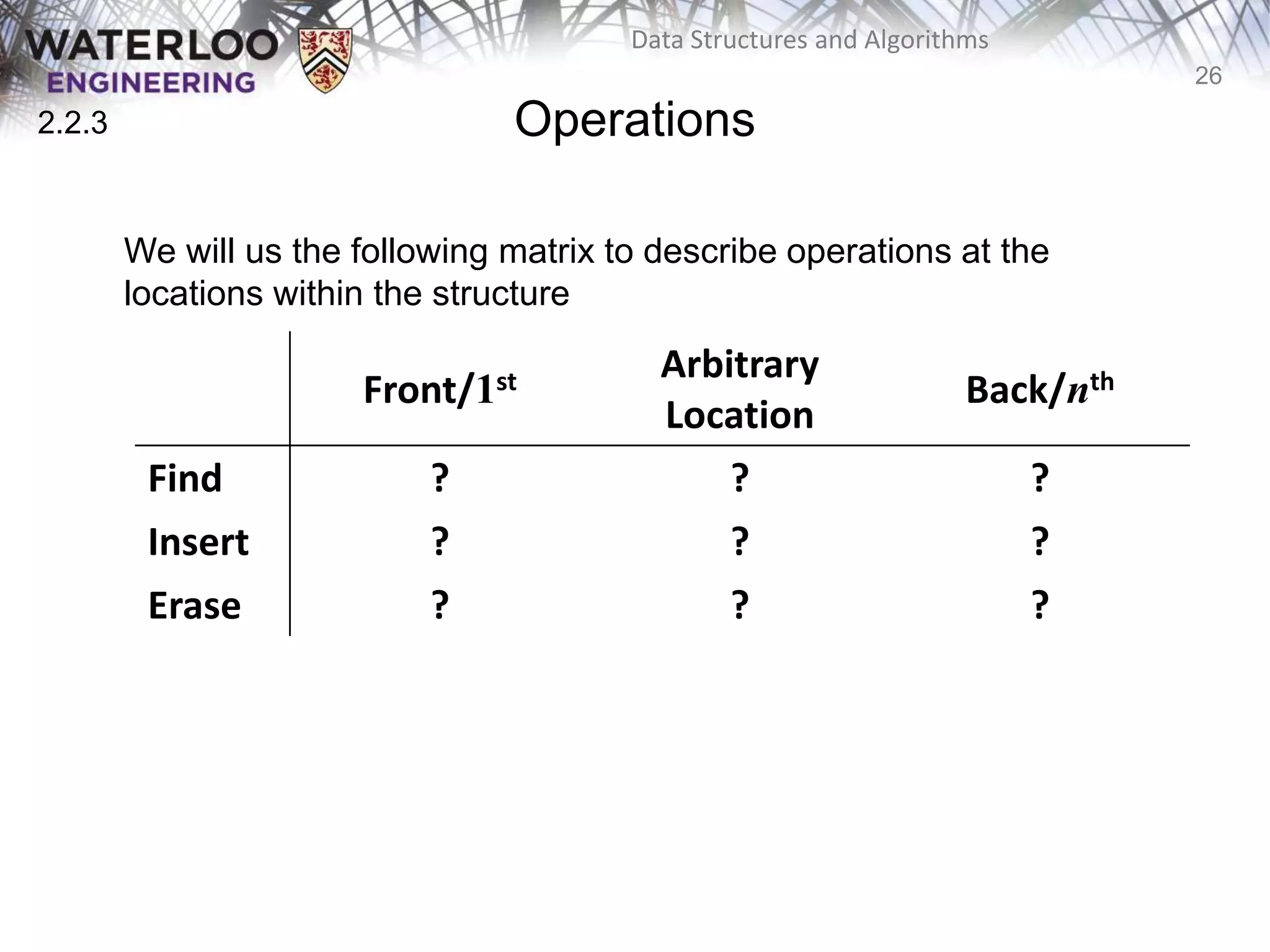 26
Data Structures and Algorithms
Operations
We will us the following matrix to describe operations at the
locations within the structure
Front/1st Arbitrary
Location
Back/nth
Find ? ? ?
Insert ? ? ?
Erase ? ? ?
2.2.3
 
