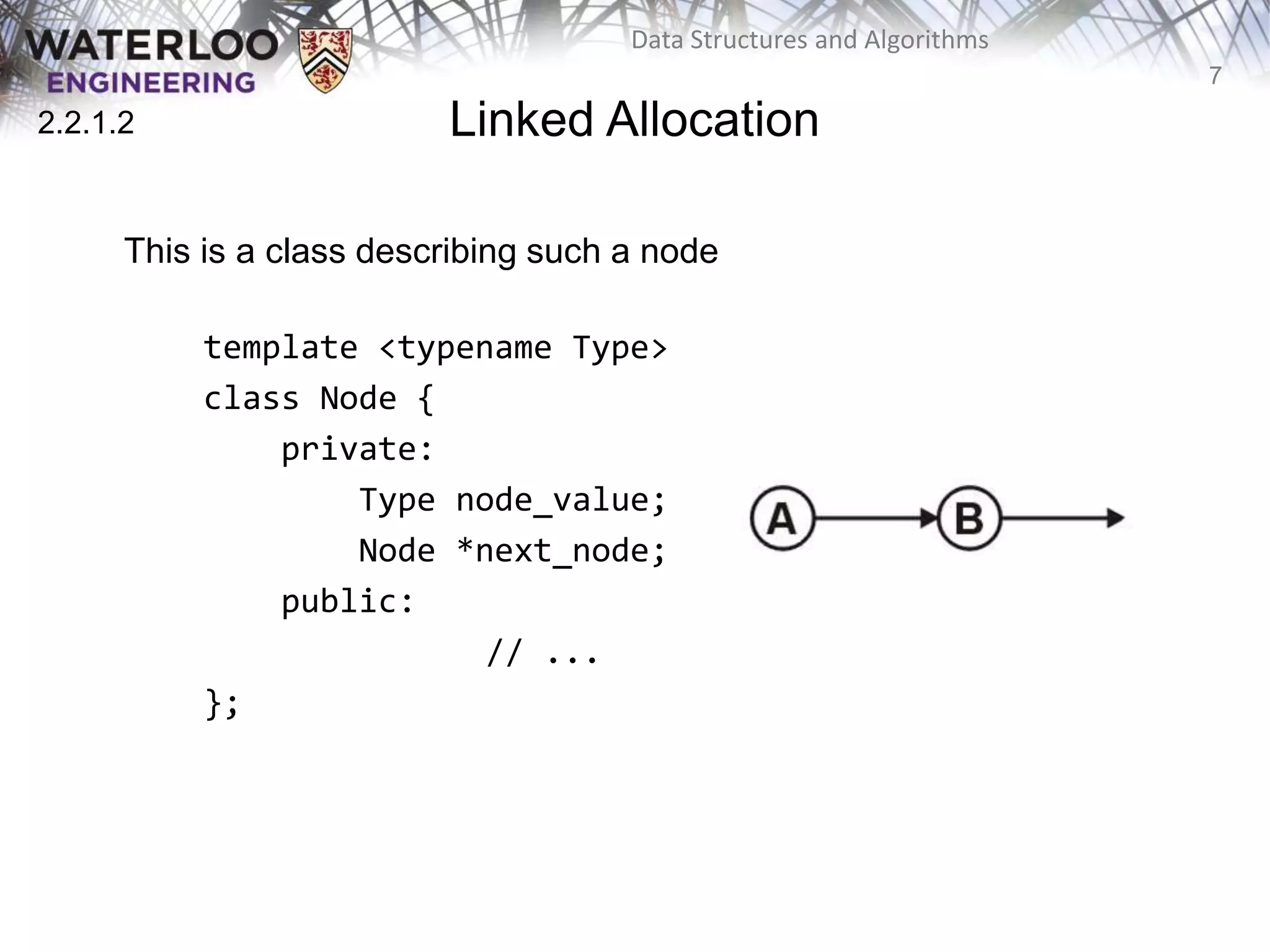 7
Data Structures and Algorithms
Linked Allocation
This is a class describing such a node
template <typename Type>
class Node {
private:
Type node_value;
Node *next_node;
public:
// ...
};
2.2.1.2
 