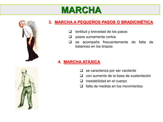  lentitud y brevedad de los pasos
 pasos sumamente cortos
 se acompaña frecuentemente de falta de
balanceo en los brazos
MARCHA
 se caracteriza por ser vacilante
 con aumento de la base de sustentación
 inestabilidad en el cuerpo
 falta de medida en los movimientos
3. MARCHA A PEQUEÑOS PASOS O BRADICINÉTICA
4. MARCHA ATÁXICA
 