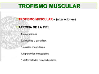 TROFISMO MUSCULAR – (alteraciones)
ATROFIA DE LA PIEL
1. ulceraciones
2. ampollas o panarizos
3. atrofias musculares
4. hipertrofias musculares
5. deformidades osteoarticulares
TROFISMO MUSCULAR
 