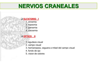  OLFATORIO I
1. anosmia
2. hiposmia
3. parosmia
4. cacosmia
 OPTICO II
1. agudeza visual
2. campo visual
3. hemianopsia, ceguera a mitad del campo visual
4. fondo de ojo
5. vision de colores
NERVIOS CRANEALES
 