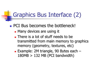 Graphics Bus Interface (2)
 PCI Bus becomes the bottleneck!
 Many devices are using it
 There is a lot of stuff needs to be
transmitted from main memory to graphics
memory (geometry, textures, etc)
 Example: 2M triangle, 90 Bytes each –
180MB > 132 MB (PCI bandwidth)
 