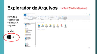Explorador de Arquivos
Permite a
organização
de pastas e
arquivos
(Antigo Windows Explorer)
Atalho:
+ E
 