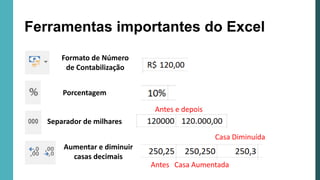 Ferramentas importantes do Excel
Formato de Número
de Contabilização
Porcentagem
Separador de milhares
Aumentar e diminuir
casas decimais
Antes e depois
Antes Casa Aumentada
Casa Diminuída
 
