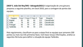 (IBGP S. João Del Rey/MG– Advogado2021) A organização de uma gincana
preparou a seguinte planilha, em Excel 2010, para a contagem de pontos das
equipes.
Pelo regulamento, classificam-se para a etapa final as equipes que somarem 200
pontos ou mais nas três primeiras fases. Com base nessas informações, análise as
seguintes fórmulas para definir a situação da equipe Tailândia.
 