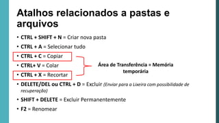Atalhos relacionados a pastas e
arquivos
• CTRL + SHIFT + N = Criar nova pasta
• CTRL + A = Selecionar tudo
• CTRL + C = Copiar
• CTRL+ V = Colar
• CTRL + X = Recortar
• DELETE/DEL ou CTRL + D = Excluir (Enviar para a Lixeira com possibilidade de
recuperação)
• SHIFT + DELETE = Excluir Permanentemente
• F2 = Renomear
Área de Transferência = Memória
temporária
 