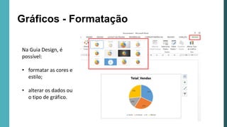Gráficos - Formatação
Na Guia Design, é
possível:
• formatar as cores e
estilo;
• alterar os dados ou
o tipo de gráfico.
 