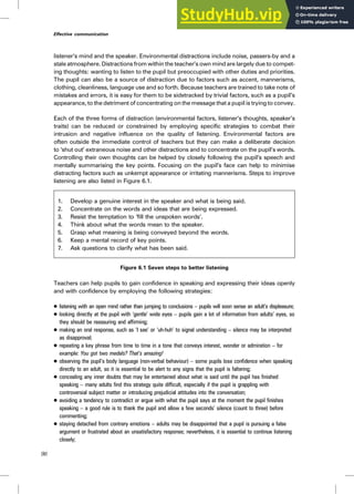 listener’s mind and the speaker. Environmental distractions include noise, passers-by and a
stale atmosphere. Distractions from within the teacher’s own mind are largely due to compet-
ing thoughts: wanting to listen to the pupil but preoccupied with other duties and priorities.
The pupil can also be a source of distraction due to factors such as accent, mannerisms,
clothing, cleanliness, language use and so forth. Because teachers are trained to take note of
mistakes and errors, it is easy for them to be sidetracked by trivial factors, such as a pupil’s
appearance, to the detriment of concentrating on the message that a pupil is trying to convey.
Each of the three forms of distraction (environmental factors, listener’s thoughts, speaker’s
traits) can be reduced or constrained by employing specific strategies to combat their
intrusion and negative influence on the quality of listening. Environmental factors are
often outside the immediate control of teachers but they can make a deliberate decision
to ‘shut out’ extraneous noise and other distractions and to concentrate on the pupil’s words.
Controlling their own thoughts can be helped by closely following the pupil’s speech and
mentally summarising the key points. Focusing on the pupil’s face can help to minimise
distracting factors such as unkempt appearance or irritating mannerisms. Steps to improve
listening are also listed in Figure 6.1.
1. Develop a genuine interest in the speaker and what is being said.
2. Concentrate on the words and ideas that are being expressed.
3. Resist the temptation to ‘fill the unspoken words’.
4. Think about what the words mean to the speaker.
5. Grasp what meaning is being conveyed beyond the words.
6. Keep a mental record of key points.
7. Ask questions to clarify what has been said.
Figure 6.1 Seven steps to better listening
Teachers can help pupils to gain confidence in speaking and expressing their ideas openly
and with confidence by employing the following strategies:
. listening with an open mind rather than jumping to conclusions – pupils will soon sense an adult’s displeasure;
. looking directly at the pupil with ‘gentle’ wide eyes – pupils gain a lot of information from adults’ eyes, so
they should be reassuring and affirming;
. making an oral response, such as ‘I see’ or ‘uh-huh’ to signal understanding – silence may be interpreted
as disapproval;
. repeating a key phrase from time to time in a tone that conveys interest, wonder or admiration – for
example: You got two medals? That’s amazing!
. observing the pupil’s body language (non-verbal behaviour) – some pupils lose confidence when speaking
directly to an adult, so it is essential to be alert to any signs that the pupil is faltering;
. concealing any inner doubts that may be entertained about what is said until the pupil has finished
speaking – many adults find this strategy quite difficult, especially if the pupil is grappling with
controversial subject matter or introducing prejudicial attitudes into the conversation;
. avoiding a tendency to contradict or argue with what the pupil says at the moment the pupil finishes
speaking – a good rule is to thank the pupil and allow a few seconds’ silence (count to three) before
commenting;
. staying detached from contrary emotions – adults may be disappointed that a pupil is pursuing a false
argument or frustrated about an unsatisfactory response; nevertheless, it is essential to continue listening
closely;
96
Effective communication
 