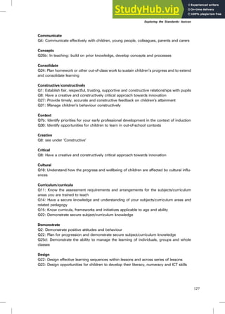 Communicate
Q4: Communicate effectively with children, young people, colleagues, parents and carers
Concepts
Q25b: In teaching: build on prior knowledge, develop concepts and processes
Consolidate
Q24: Plan homework or other out-of-class work to sustain children’s progress and to extend
and consolidate learning
Constructive/constructively
Q1: Establish fair, respectful, trusting, supportive and constructive relationships with pupils
Q8: Have a creative and constructively critical approach towards innovation
Q27: Provide timely, accurate and constructive feedback on children’s attainment
Q31: Manage children’s behaviour constructively
Context
Q7b: Identify priorities for your early professional development in the context of induction
Q30: Identify opportunities for children to learn in out-of-school contexts
Creative
Q8: see under ‘Constructive’
Critical
Q8: Have a creative and constructively critical approach towards innovation
Cultural
Q18: Understand how the progress and wellbeing of children are affected by cultural influ-
ences
Curriculum/curricula
Q11: Know the assessment requirements and arrangements for the subjects/curriculum
areas you are trained to teach
Q14: Have a secure knowledge and understanding of your subjects/curriculum areas and
related pedagogy
Q15: Know curricula, frameworks and initiatives applicable to age and ability
Q22: Demonstrate secure subject/curriculum knowledge
Demonstrate
Q2: Demonstrate positive attitudes and behaviour
Q22: Plan for progression and demonstrate secure subject/curriculum knowledge
Q25d: Demonstrate the ability to manage the learning of individuals, groups and whole
classes
Design
Q22: Design effective learning sequences within lessons and across series of lessons
Q23: Design opportunities for children to develop their literacy, numeracy and ICT skills
Exploring the Standards: lexicon
127
 