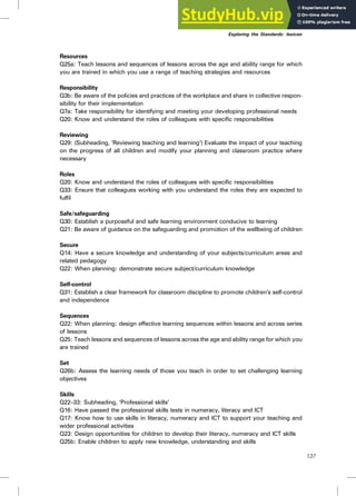 Resources
Q25a: Teach lessons and sequences of lessons across the age and ability range for which
you are trained in which you use a range of teaching strategies and resources
Responsibility
Q3b: Be aware of the policies and practices of the workplace and share in collective respon-
sibility for their implementation
Q7a: Take responsibility for identifying and meeting your developing professional needs
Q20: Know and understand the roles of colleagues with specific responsibilities
Reviewing
Q29: (Subheading, ‘Reviewing teaching and learning’) Evaluate the impact of your teaching
on the progress of all children and modify your planning and classroom practice where
necessary
Roles
Q20: Know and understand the roles of colleagues with specific responsibilities
Q33: Ensure that colleagues working with you understand the roles they are expected to
fulfil
Safe/safeguarding
Q30: Establish a purposeful and safe learning environment conducive to learning
Q21: Be aware of guidance on the safeguarding and promotion of the wellbeing of children
Secure
Q14: Have a secure knowledge and understanding of your subjects/curriculum areas and
related pedagogy
Q22: When planning: demonstrate secure subject/curriculum knowledge
Self-control
Q31: Establish a clear framework for classroom discipline to promote children’s self-control
and independence
Sequences
Q22: When planning: design effective learning sequences within lessons and across series
of lessons
Q25: Teach lessons and sequences of lessons across the age and ability range for which you
are trained
Set
Q26b: Assess the learning needs of those you teach in order to set challenging learning
objectives
Skills
Q22–33: Subheading, ‘Professional skills’
Q16: Have passed the professional skills tests in numeracy, literacy and ICT
Q17: Know how to use skills in literacy, numeracy and ICT to support your teaching and
wider professional activities
Q23: Design opportunities for children to develop their literacy, numeracy and ICT skills
Q25b: Enable children to apply new knowledge, understanding and skills
Exploring the Standards: lexicon
137
 