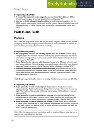 Component parts of Q21
. Be aware of the requirements on the safeguarding and promotion of the wellbeing of children:
achieved through noting and summarising key points from recent legislation (ITF).
. Know how to identify and support struggling children: achieved through seeking guidance from the
SENCO; becoming a keen observer of children and recording instances of abnormal behaviour; reporting to
colleagues comments by children indicating stress or abnormality or an abrupt decline in work quality
(PW/ITF).
Professional skills
Planning
Q22: Plan for progression across the age and ability range for which you are trained,
designing effective learning sequences within lessons and across series of lessons and
demonstrating secure subject/curriculum knowledge.
Component parts of Q22
. Plan for progression across the age and ability range for which you are trained: achieved through
writing lesson plans that differentiate in terms of vocabulary used, questions asked, tasks allocated and
homework set; showing awareness of principal and subsidiary learning objectives within specific lessons
and over a period of time (ITF).
. Design effective learning sequences within lessons and across series of lessons: achieved through
use of assessment criteria that monitor progress across specific lessons and over time; linking ideas and
tasks across lessons to incorporate rehearsal of previous learning and introduce ‘next steps’ (ITF).
. In planning, demonstrate secure subject/curriculum knowledge: achieved through reference to key
curriculum documents; identifying knowledge you will transmit and knowledge that children will acquire
through tasks, electronic means and exploratory learning; fostering of cross-curricular links (e.g. using
descriptive language in maths) (ITF).
Q23: Design opportunities for children to develop their literacy, numeracy and ICT skills.
Component parts of Q23
. Design opportunities for children to develop their literacy: achieved through planning learning
experiences based on the Literacy Framework; offering children experiences that enhance the scope and
depth of their reading, writing, speaking and listening; organising tasks that locate literacy in everyday
experiences (ITF).
. Design opportunities for children to develop their numeracy: achieved through planning learning
experiences based on the Numeracy Framework; offering children experiences that enhance the scope
and depth of their work in number; organising tasks that locate numeracy in everyday events (ITF).
. Design opportunities for children to develop their ICT skills: achieved through planning opportunities
for children to learn operational skills by tuition, supervised experiences and task completion; incorporating
ICT into single subject of topic sessions; using IT to discover information, communicate with others and
produce summaries of findings (ITF).
Q24: Plan homework or other out-of-class work to sustain children’s progress and to
extend and consolidate their learning.
150
Meeting the Standards
 