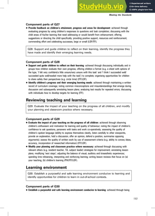 Component parts of Q27
. Provide feedback on children’s attainment, progress and areas for development: achieved through
evaluating progress by using children’s responses to questions and task completion; discussing with the
child areas of his/her learning that need addressing or would benefit from enhancement; offering
suggestions or directing the child specifically; providing positive support, resources and reinforcement;
commending effort and celebrating successes, large or small (LOF/ITF).
Q28: Support and guide children to reflect on their learning, identify the progress they
have made and identify their emerging learning needs.
Component parts of Q28
. Support and guide children to reflect on their learning: achieved through discussing individually and in
groups how children evaluate their own progress; offering children a format (e.g. a sheet with options of
the type, ‘I felt very confident/a little unsure/very unsure with this task’ and ‘I think I succeeded well/
succeeded quite well/needed more help with the task’) to complete; organising opportunities for children
to share safely their perspectives (e.g. circle time) (ITF/LOF).
. Identify children’s progress and their emerging learning needs: achieved through maintaining a written
record of curriculum coverage; noting common misconceptions and misunderstandings that emerge during
discussion and subsequently annotating lesson plans; analysing test results for repeated errors; discussing
with individuals how to develop targets for learning (ITF).
Reviewing teaching and learning
Q29: Evaluate the impact of your teaching on the progress of all children, and modify
your planning and classroom practice where necessary.
Component parts of Q29
. Evaluate the impact of your teaching on the progress of all children: achieved through observing
children’s enthusiasm and motivation for learning and quality of behaviour; noting the impact of children’s
confidence to ask questions, persevere with tasks and work co-operatively; assessing the quality of
children’s spoken language (ability to express themselves clearly, listen carefully to other viewpoints,
provide an explanation, hold a discussion, offer an opinion, defend a position, summarise opposing
arguments); assess the quality of written work by use of assessment criteria (e.g. ability to convey ideas,
accuracy, incorporation of researched information) (ITF/LOF).
. Modify your planning and classroom practice where necessary: achieved through discussing with
relevant others (e.g. resident teacher, TA, subject leader) strategies for improvement; annotating lesson
plans; modifying ‘next steps’; adjusting the balance of visual, auditory and kinaesthetic experiences;
spending time rehearsing, interpreting and reinforcing learning; writing lesson reviews that focus on (a)
your teaching, (b) children’s learning (PW/ITF/LOF).
Learning environment
Q30: Establish a purposeful and safe learning environment conducive to learning and
identify opportunities for children to learn in out-of-school contexts.
Component parts of Q30
. Establish a purposeful and safe learning environment conducive to learning: achieved through being
Meeting the Standards
153
 