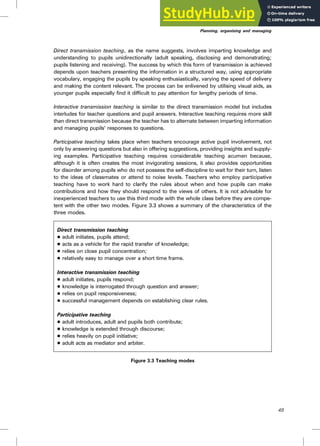 Direct transmission teaching, as the name suggests, involves imparting knowledge and
understanding to pupils unidirectionally (adult speaking, disclosing and demonstrating;
pupils listening and receiving). The success by which this form of transmission is achieved
depends upon teachers presenting the information in a structured way, using appropriate
vocabulary, engaging the pupils by speaking enthusiastically, varying the speed of delivery
and making the content relevant. The process can be enlivened by utilising visual aids, as
younger pupils especially find it difficult to pay attention for lengthy periods of time.
Interactive transmission teaching is similar to the direct transmission model but includes
interludes for teacher questions and pupil answers. Interactive teaching requires more skill
than direct transmission because the teacher has to alternate between imparting information
and managing pupils’ responses to questions.
Participative teaching takes place when teachers encourage active pupil involvement, not
only by answering questions but also in offering suggestions, providing insights and supply-
ing examples. Participative teaching requires considerable teaching acumen because,
although it is often creates the most invigorating sessions, it also provides opportunities
for disorder among pupils who do not possess the self-discipline to wait for their turn, listen
to the ideas of classmates or attend to noise levels. Teachers who employ participative
teaching have to work hard to clarify the rules about when and how pupils can make
contributions and how they should respond to the views of others. It is not advisable for
inexperienced teachers to use this third mode with the whole class before they are compe-
tent with the other two modes. Figure 3.3 shows a summary of the characteristics of the
three modes.
Direct transmission teaching
. adult initiates, pupils attend;
. acts as a vehicle for the rapid transfer of knowledge;
. relies on close pupil concentration;
. relatively easy to manage over a short time frame.
Interactive transmission teaching
. adult initiates, pupils respond;
. knowledge is interrogated through question and answer;
. relies on pupil responsiveness;
. successful management depends on establishing clear rules.
Participative teaching
. adult introduces, adult and pupils both contribute;
. knowledge is extended through discourse;
. relies heavily on pupil initiative;
. adult acts as mediator and arbiter.
Figure 3.3 Teaching modes
Planning, organising and managing
49
 