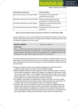 structure, allowing an outcomes-based assessment. If the assessment focuses on process then 4
is better suited because learning is more collaborative and relies on social interaction as well
as intellectual engagement with the activity.
RESEARCH SUMMARY RESEARCH SUMMARY RESEARCH SUMMARY RESEARCH SUMMARY
Teacher types
Galton et al (1998) found that teachers dominate talk in the classroom and most of the things they say
are associated with organising and managing lessons or issuing instructions. Although teachers asked
numerous questions, the amount of time they spent engaging pupils in challenging discussions was
comparatively short. What would the Galton team discover in your classroom?
As new and inexperienced teachers become more confident in teaching and get to know the
pupils better they adapt their approach to suit the prevailing conditions, taking account of
pupil understanding, experience and enthusiasm, resource availability, additional adult help
and time factors.
. If pupils have forgotten key facts or have incomplete understanding or are unclear about skills for
completing the task, teachers have to spend more time reinforcing knowledge.
. Resource availability will affect the number of pupils able to work on (say) skill acquisition. It sometimes
becomes obvious that apparatus or equipment that appeared to be adequate for a given number of pupils
(e.g. the number of glue sticks) is, in fact, inadequate. Some teachers divide the class in such a way that
groups of pupils take it in turns to access resources, sometimes supervised by a TA, while the remainder
of the class gets on with a different task that does not require the resources.
. The availability of adult support is not judged simply on having an extra ‘body’ in the room; the adult’s
knowledge and experience has to be taken into account in planning the lesson. Thus, while having a TA
is usually an asset, her or his level of expertise has also to be considered and exploited.
. Time factors relate not only to the length of the session; the time required to introduce the lesson and
organise the pupils also has to be taken into account. It soon becomes obvious whether the tasks and
activities can be completed in the available time or whether more time is needed. Teachers have to be
precise in explaining the standard of work that they are willing to accept but also to recognise that some
pupils, equally capable of achieving the desired standard, are slower and more meticulous workers.
Characteristics of interaction Lesson intentions
High adult involvement, low pupil initiative Transmission of knowledge with
predetermined outcomes
High adult involvement, high pupil initiative Gaining understanding through the
interrogation of concepts and ideas
Low adult involvement, low pupil initiative Systematic procedural learning using
available resources
Low adult involvement, high pupil initiative Enquiry-based learning with varied
outcomes
Figure 3.5 Links between levels of interaction and lesson aim (after Pollard, 2005)
Planning, organising and managing
53
 