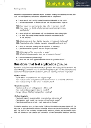 elaborated comprehension questions require extended thinking and elucidation of the prin-
ciple. The two types of questions are frequently used in conjunction.
RCQ: How would you classify the two-dimensional shapes on the chart?
ECQ: What does this tell us about how we use shape to classify objects?
RCQ: How would you summarise the class rules in your own words?
ECQ: How would you decide whether someone was keeping the rules
satisfactorily?
RCQ: How might you rephrase the last two sentences in the paragraph?
ECQ: Is what the author claims in these sentences necessarily true?
If not, why not?
RCQ: What evidence is there that the character in the story is frightened?
ECQ: Nevertheless, who thinks the character behaved bravely, and why?
RCQ: How is the writer making use of adjectives in the story?
ECQ: Are there other adjectives that she might have used?
RCQ: Which parts of the poem make us laugh?
ECQ: What techniques does the poet use to create the humour?
RCQ: What makes the picture scary?
ECQ: How has the artist applied different colours to ‘paint the mood’?
Questions that test application (Q25b, 26)
Pupils tend to respond more enthusiastically to questions that have a purpose other than the
teacher finding out what they know or remember. In particular, the use of questions linked to
practical activities serves to focus attention, stimulate creativity and foster imagination.
. To focus attention
– Which of these creatures have more than two pairs of legs?
– How would you use the sound patterns to create background music for our assembly performance?
– How would you arrange the cubes to make an interesting shape?
. To stimulate creativity
– What can you do to work out the problem in a different way?
– How would you draw a diagram to show the procedure?
– Can you make use of the facts to set your friend a challenge?
. To foster imagination
– What would happen if you performed this movement without first warming up?
– What questions would you ask in an interview with your favourite pop star?
– What design would you use to build a magic castle made of chocolate?
Application questions serve to shape pupils’ thinking and make them engage deeply with the
task. Just as some knowledge questions overlap with comprehension questions, it can be
seen that some of the extended comprehension questions overlap with application ques-
tions. It is noteworthy that creative and imaginative forms of application questions are often
70
Effective questioning
 
