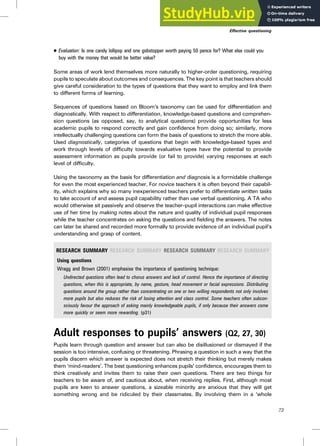 . Evaluation: Is one candy lollipop and one gobstopper worth paying 50 pence for? What else could you
buy with the money that would be better value?
Some areas of work lend themselves more naturally to higher-order questioning, requiring
pupils to speculate about outcomes and consequences. The key point is that teachers should
give careful consideration to the types of questions that they want to employ and link them
to different forms of learning.
Sequences of questions based on Bloom’s taxonomy can be used for differentiation and
diagnostically. With respect to differentiation, knowledge-based questions and comprehen-
sion questions (as opposed, say, to analytical questions) provide opportunities for less
academic pupils to respond correctly and gain confidence from doing so; similarly, more
intellectually challenging questions can form the basis of questions to stretch the more able.
Used diagnostically, categories of questions that begin with knowledge-based types and
work through levels of difficulty towards evaluative types have the potential to provide
assessment information as pupils provide (or fail to provide) varying responses at each
level of difficulty.
Using the taxonomy as the basis for differentiation and diagnosis is a formidable challenge
for even the most experienced teacher. For novice teachers it is often beyond their capabil-
ity, which explains why so many inexperienced teachers prefer to differentiate written tasks
to take account of and assess pupil capability rather than use verbal questioning. A TA who
would otherwise sit passively and observe the teacher–pupil interactions can make effective
use of her time by making notes about the nature and quality of individual pupil responses
while the teacher concentrates on asking the questions and fielding the answers. The notes
can later be shared and recorded more formally to provide evidence of an individual pupil’s
understanding and grasp of content.
RESEARCH SUMMARY RESEARCH SUMMARY RESEARCH SUMMARY RESEARCH SUMMARY
Using questions
Wragg and Brown (2001) emphasise the importance of questioning technique:
Undirected questions often lead to chorus answers and lack of control. Hence the importance of directing
questions, when this is appropriate, by name, gesture, head movement or facial expressions. Distributing
questions around the group rather than concentrating on one or two willing respondents not only involves
more pupils but also reduces the risk of losing attention and class control. Some teachers often subcon-
sciously favour the approach of asking mainly knowledgeable pupils, if only because their answers come
more quickly or seem more rewarding. (p31)
Adult responses to pupils’ answers (Q2, 27, 30)
Pupils learn through question and answer but can also be disillusioned or dismayed if the
session is too intensive, confusing or threatening. Phrasing a question in such a way that the
pupils discern which answer is expected does not stretch their thinking but merely makes
them ‘mind-readers’. The best questioning enhances pupils’ confidence, encourages them to
think creatively and invites them to raise their own questions. There are two things for
teachers to be aware of, and cautious about, when receiving replies. First, although most
pupils are keen to answer questions, a sizeable minority are anxious that they will get
something wrong and be ridiculed by their classmates. By involving them in a ‘whole
Effective questioning
73
 
