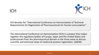 ICH
ICH denotes for "International Conference on Harmonisation of Technical
Requirements for Registration of Pharmaceuticals for Human consumption".
The International Conference on Harmonization (ICH) is a project that makes
together the regulatory bodies of Europe, Japan and the United States and
professionals from the pharmaceutical domain in the three areas to discuss
scientific and technical views of medicinal product registration. (QSEM)
- PRATIK TERSE 8
 
