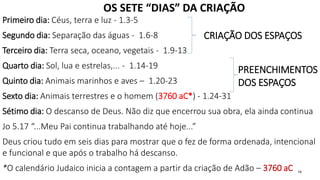 OS SETE “DIAS” DA CRIAÇÃO
Primeiro dia: Céus, terra e luz - 1.3-5
Segundo dia: Separação das águas - 1.6-8
Terceiro dia: Terra seca, oceano, vegetais - 1.9-13
Quarto dia: Sol, lua e estrelas,... - 1.14-19
Quinto dia: Animais marinhos e aves – 1.20-23
Sexto dia: Animais terrestres e o homem (3760 aC*) - 1.24-31
Sétimo dia: O descanso de Deus. Não diz que encerrou sua obra, ela ainda continua
Jo 5.17 “...Meu Pai continua trabalhando até hoje...”
Deus criou tudo em seis dias para mostrar que o fez de forma ordenada, intencional
e funcional e que após o trabalho há descanso.
*O calendário Judaico inicia a contagem a partir da criação de Adão – 3760 aC 14
CRIAÇÃO DOS ESPAÇOS
PREENCHIMENTOS
DOS ESPAÇOS
 