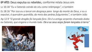 6º ATO: Deus expulsa os rebeldes, conforme relata Jesus em
Lc 10.18 “Eu vi Satanás caindo do céu como relâmpago.”, e também
Ez 28.16 “Por isso eu o lancei em desgraça para longe do monte de Deus, e eu o
expulsei, ó querubim guardião, do meio das pedras fulgurantes.”, e também João
Ap 12.9 “O grande dragão foi lançado fora. Ele é a antiga serpente chamada diabo
ou Satanás, que engana o mundo todo. Ele e os seus anjos foram lançados à terra.”
25
 