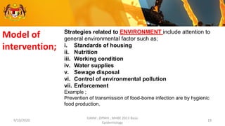 9/10/2020
ILKKM ; DPMH ; MHBE 2013 Basic
Epidemiology
19
Strategies related to ENVIRONMENT include attention to
general environmental factor such as;
i. Standards of housing
ii. Nutrition
iii. Working condition
iv. Water supplies
v. Sewage disposal
vi. Control of environmental pollution
vii. Enforcement
Example ;
Prevention of transmission of food-borne infection are by hygienic
food production.
Model of
intervention;
 