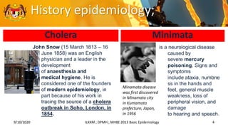 History epidemiology;
9/10/2020 4
ILKKM ; DPMH ; MHBE 2013 Basic Epidemiology
John Snow (15 March 1813 – 16
June 1858) was an English
physician and a leader in the
development
of anaesthesia and
medical hygiene. He is
considered one of the founders
of modern epidemiology, in
part because of his work in
tracing the source of a cholera
outbreak in Soho, London, in
1854.
Cholera Minimata
is a neurological disease
caused by
severe mercury
poisoning. Signs and
symptoms
include ataxia, numbne
ss in the hands and
feet, general muscle
weakness, loss of
peripheral vision, and
damage
to hearing and speech.
Minamata disease
was first discovered
in Minamata city
in Kumamoto
prefecture, Japan,
in 1956
 