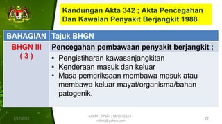 Kandungan Akta 342 ; Akta Pencegahan
Dan Kawalan Penyakit Berjangkit 1988
1/17/2022
ILKKM ; DPMH ; MHCH 2163 |
njtnkj@yahoo.com
22
BAHAGIAN Tajuk BHGN
BHGN III
( 3 )
Pencegahan pembawaan penyakit berjangkit ;
• Pengistiharan kawasanjangkitan
• Kenderaan masuk dan keluar
• Masa pemeriksaan membawa masuk atau
membawa keluar mayat/organisma/bahan
patogenik.
 