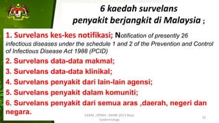 6 kaedah survelans
penyakit berjangkit di Malaysia ;
1. Survelans kes-kes notifikasi; Notification of presently 26
infectious diseases under the schedule 1 and 2 of the Prevention and Control
of Infectious Disease Act 1988 (PCID)
2. Survelans data-data makmal;
3. Survelans data-data klinikal;
4. Survelans penyakit dari lain-lain agensi;
5. Survelans penyakit dalam komuniti;
6. Survelans penyakit dari semua aras ,daerah, negeri dan
negara. ILKKM ; DPMH ; MHBE 2013 Basic
Epidemiology
32
 