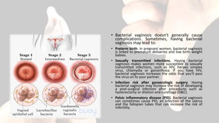 • Bacterial vaginosis doesn't generally cause
complications. Sometimes, having bacterial
vaginosis may lead to:
• Preterm birth. In pregnant women, bacterial vaginosis
is linked to premature deliveries and low birth weight
babies.
• Sexually transmitted infections. Having bacterial
vaginosis makes women more susceptible to sexually
transmitted infections, such as HIV, herpes simplex
virus, chlamydia or gonorrhoea. If you have HIV,
bacterial vaginosis increases the odds that you'll pass
the virus on to your partner.
• Infection risk after gynaecologic surgery. Having
bacterial vaginosis may increase the risk of developing
a post-surgical infection after procedures such as
hysterectomy or dilation and curettage (D&C).
• Pelvic inflammatory disease (PID). Bacterial vaginosis
can sometimes cause PID, an infection of the uterus
and the fallopian tubes that can increase the risk of
infertility.
 