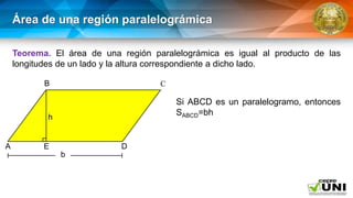 Área de una región paralelográmica
Teorema. El área de una región paralelográmica es igual al producto de las
longitudes de un lado y la altura correspondiente a dicho lado.
Si ABCD es un paralelogramo, entonces
SABCD=bh
C
A D
B
b
E
h
 