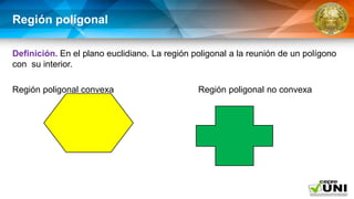 Región polígonal
Definición. En el plano euclidiano. La región poligonal a la reunión de un polígono
con su interior.
Región poligonal convexa Región poligonal no convexa
 
