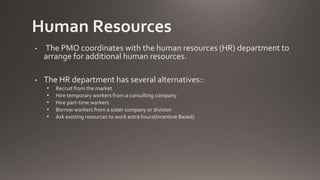 Human Resources
• The PMO coordinates with the human resources (HR) department to
arrange for additional human resources.
• The HR department has several alternatives::
• Recruit from the market
• Hire temporary workers from a consulting company
• Hire part-time workers
• Borrow workers from a sister company or division
• Ask existing resources to work extra hours(Incentive Based)
 