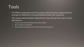 Tools
• The PMO coordinates with the systems administration department to
arrange for additional computer/tablet/mobile sets resources.
• The system administration department may choose from one or more
alternatives:
• Procure new systems/hardware from the market
• Rent systems or hardware
• Request that employees work in shifts and share resources
 