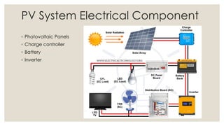 PV System Electrical Component
◦ Photovoltaic Panels
◦ Charge controller
◦ Battery
◦ Inverter
 