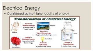 Electrical Energy
- Considered as the higher quality of energy
 