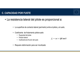 C. CAPACIDAD POR FUSTE
• La resistencia lateral del pilote es proporcional a:
• La superficie de contacto lateral (perímetro) entre el pilote y el suelo.
• Coeficiente de frotamiento pilote-suelo:
• Rugosidad del pilote
• Presión lateral
• Coeficiente de fricción del suelo
• Requiere deformación para ser movilizado
 