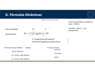 FHWA HI97-014, Course No. 13221y 13222
Factor de seguridad FS= 4
Fórmula de Gates
Er = Energía efectiva de hincado [J]
Nb= Número de golpes para penetrar 25 mm
7 log(10 ) 550
F r b
RU E N
 
= −
 
Criterio de rechazo (USACE): Madera 3-4 b/in (110 b/m)
Concreto
10 b/in (390 b/m)
Tubo acero
10 – 20 b/in (390-700 b/m)
Viga H
10 – 20 b/in (390-700 b/m)
Esfuerzo permisible en pilotes de
acero - 0.85 fy
Concreto - 0.85 ݂′ܿ - ݂‫݁݌‬
(compresión)
G. Fórmulas Dinámicas
 