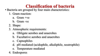 Classification of bacteria
• Bacteria are grouped by four main characteristics:
1. Gram reaction:
a. Gram +ve
b. Gram -ve
2. Shape:
3. Atmospheric requirements:
a. Obligate aerobes and anaerobes
b. Facultative aerobes and anaerobes
c. Capnophiles
d. pH mediated (acidophile, alkaliphile, neutrophile)
e. Temperature mediated
4. Endospores
 