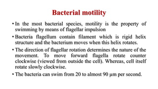 Bacterial motility
• In the most bacterial species, motility is the property of
swimming by means of flagellar impulsion
• Bacteria flagellum contain filament which is rigid helix
structure and the bacterium moves when this helix rotates.
• The direction of flagellar rotation determines the nature of the
movement. To move forward flagella rotate counter
clockwise (viewed from outside the cell). Whereas, cell itself
rotate slowly clockwise.
• The bacteria can swim from 20 to almost 90 µm per second.
 