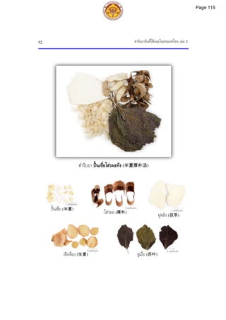 ตํารับยาจีนที่ใชบอยในประเทศไทย เลม 2
92
ตํารับยา ปนเซี่ยโฮวผอทัง (半夏厚朴汤)
2 เซนติเมตร
3 เซนติเมตร
2 เซนติเมตร
3 เซนติเมตร
ปนเซี่ย (半夏)
โฮวผอ (厚朴) ฝูหลิง (茯苓)
เซิงเจียง (生姜) ซูเยี่ย (苏叶)
2 เซนติเมตร
Page 115
 