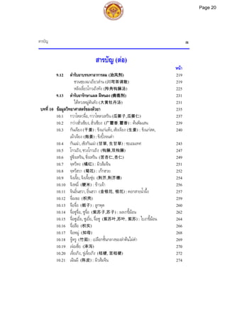 สารบัญ ฒ
สารบัญ (ตอ)
หนา
9.12 ตํารับยาบรรเทาอาการลม (治风剂) 219
ชวนซฺยงฉาเถียวสาน (川芎茶调散) 219
หลิงเจี่ยวโกวเถิงทัง (羚角钩藤汤) 225
9.13 ตํารับยารักษาแผล ฝหนอง (痈疡剂) 231
ไตหวงหมูตันทัง (大黄牡丹汤) 231
บทที่ 10 ขอมูลวิทยาศาสตรของตัวยา 235
10.1 กวาโหลวจื่อ, กวาโหลวเหริน (瓜篓子,瓜篓仁) 237
10.2 กวางฮั่วเซียง, ฮั่วเซียง (广藿香, 藿香) : ตนพิมเสน 239
10.3 กันเจียง (干姜) : ขิงแกแหง, เซิงเจียง (生姜) : ขิงแกสด,
เผาเจียง (炮姜) : ขิงปงจนดํา
240
10.4 กันเฉา, เซิงกันเฉา (甘草, 生甘草) : ชะเอมเทศ 243
10.5 โกวเถิง, ซวงโกวเถิง (钩藤,双钩藤) 247
10.6 ขูซิ่งเหริน, ซิ่งเหริน (苦杏仁,杏仁) 249
10.7 จฺหวีหง (橘红) : ผิวสมจีน 251
10.8 จฺหวีฮวา (菊花) : เกกฮวย 252
10.9 จิงเจี้ย, จิงเจี้ยซุย (荆芥,荆芥穗) 254
10.10 จิงหมี่ (粳米) : ขาวเจา 256
10.11 จินอิ๋นฮวา, อิ๋นฮวา (金银花, 银花) : ดอกสายน้ําผึ้ง 257
10.12 จื่อเขอ (枳壳) 259
10.13 จือจื่อ (栀子) : ลูกพุด 260
10.14 จื่อซูจื่อ, ซูจื่อ (紫苏子,苏子) : ผลงาขี้มอน 262
10.15 จื่อซูเยี่ย, ซูเยี่ย, จื่อซู (紫苏叶,苏叶, 紫苏) : ใบงาขี้มอน 264
10.16 จื่อสือ (枳实) 266
10.17 จือหมู (知母) 268
10.18 จูหรู (竹茹) : เปลือกชั้นกลางของลําตนไผดํา 269
10.19 เจอเซี่ย (泽泻) 270
10.20 เจี๋ยเกิง, ขูเจี๋ยเกิง (桔梗, 苦桔梗) 272
10.21 เฉินผี (陈皮) : ผิวสมจีน 274
Page 20
 