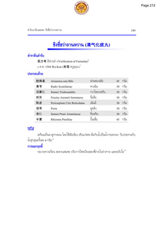 ตํารับยาขับเสมหะ: ชิงชี่ฮวาถานหวาน 189
ชิงชี่ฮวาถานหวาน (清气化痰丸)
ตําราตนตํารับ
医方考 อีฟางเขา (Verification of Formulae)1
« ค.ศ. 1584 Wu Kun (吴琨 หวูคุน)»2
ประกอบดวย
胆南星 Arisaema cum Bile ตานหนานซิง 45 กรัม
黄芩 Radix Scutellariae หวงฉิน 30 กรัม
瓜蒌仁 Semen Trichosanthis กวาโหลวเหริน 30 กรัม
枳实 Fructus Aurantii Immaturus จื่อสือ 30 กรัม
陈皮 Pericarpium Citri Reticulatae เฉินผี 30 กรัม
茯苓 Poria ฝูหลิง 30 กรัม
杏仁 Semen Pruni Armeniacae ซิ่งเหริน 30 กรัม
半夏 Rhizoma Pinelliae ปนเซี่ย 45 กรัม
วิธีใช
เตรียมเปนยาลูกกลอน โดยใชเซิงเจียง (ขิงแกสด) ตมกับน้ําเปนน้ํากระสายยา รับประทานกับ
น้ําสุกอุนครั้งละ 6 กรัม1,3
การออกฤทธิ์
ระบายความรอน ละลายเสมหะ ปรับการไหลเวียนของชี่ภายในรางกาย และระงับไอ1,3
Page 212
 