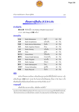 ตํารับยากลอมจิตประสาท: เทียนหวางปูซินตัน 213
เทียนหวางปูซินตัน (天王补心丹)
ตําราตนตํารับ
摄生总要 ชัวเซิงจงเอี้ยว (An Outline of Health Conservation)1
« ค.ศ. 1638 Hong Ji (洪基 หงจี) »2
ประกอบดวย
生地 Radix Rehmanniae เซิงตี้ 120 กรัม
玄参 Radix Scrophulariae เสฺวียนเซิน 60 กรัม
丹参 Radix Salviae Miltiorrhizae ตันเซิน 60 กรัม
当归 Radix Angelicae Sinensis ตังกุย 60 กรัม
人参 Radix Ginseng เหรินเซิน 60 กรัม
茯苓 Poria ฝูหลิง 60 กรัม
柏子仁 Semen Biotae ไปจื่อเหริน 60 กรัม
酸枣仁 Semen Ziziphi Spinosae ซวนเจาเหริน 60 กรัม
远志 Radix Polygalae หยวนจื้อ 60 กรัม
天冬 Radix Asparagi เทียนตง 60 กรัม
麦冬 Radix Ophiopogonis ไมตง 60 กรัม
五味子 Fructus Schisandrae อูเวยจื่อ 60 กรัม
桔梗 Radix Platycodi เจี๋ยเกิง 60 กรัม
วิธีใช
นําตัวยาทั้งหมดมาบดเปนผง เตรียมเปนยาลูกกลอนโดยใชน้ําผึ้งเปนน้ํากระสายยา แลว
เคลือบดวยจูซา (朱砂 ชาด)* 15-20 กรัม รับประทานกับน้ําตมสุกอุน ครั้งละ 9 กรัม วันละ 3 ครั้ง
หรือเตรียมเปนยาตมโดยปรับลดน้ําหนักยาลงจากตํารับยาขางตน 10 เทา1,3
การออกฤทธิ์
เสริมสรางอิน ระบายความรอน เสริมเลือด สงบจิตใจ1,3
*จูซาหรือชาด เปนตัวยาที่มีพิษ ตองฆาพิษกอนใช สํานักงานคณะกรรมการอาหารและยาอนุญาตใหยาที่ผลิตขึ้นโดยมีชาดคิด
เปนน้ําหนักสําหรับรับประทานในมื้อหนึ่งไมเกิน 30 มิลลิกรัม จึงอาจดัดแปลงตํารับยาโดยไมตองใชจูซาในการเตรียมยา
Page 236
 